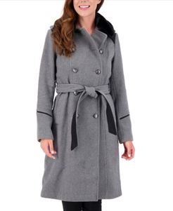 Faux-Fur-Collar Double-Breasted Belted Coat