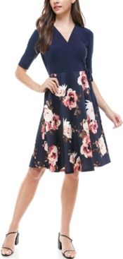 Petite Wrap-Top Floral-Skirt Fit & Flare Dress