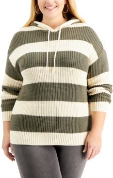 Plus Size Striped Ribbed Hoodie Sweater, Created for Macy's
