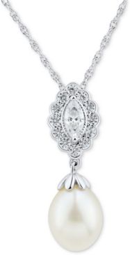 Cultured Freshwater Pearl (8-8-1/2mm) & Swarovski Zirconia 18" Pendant Necklace in Sterling Silver