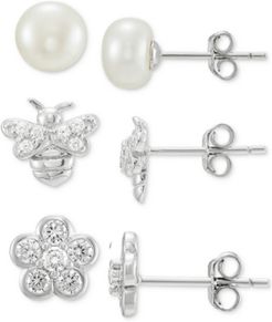 3-Pc. Set Cultured Freshwater Pearl (7mm) & Cubic Zirconia Stud Earrings in Sterling Silver, Created for Macy's