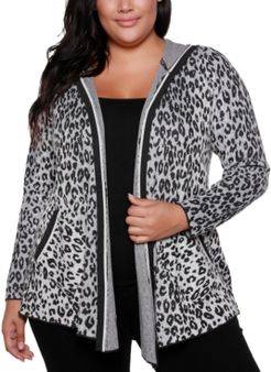 Copper Label Plus Size Women's Leopard Jacquard Open Hooded Cardigan