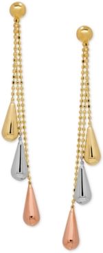 Tri-Gold Linear Drop Earrings in 14k Gold, White Gold and Rose Gold, 2 inch