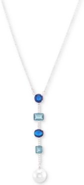 Silver-Tone Cubic Zirconia and Stone Bar & Disc Lariat Necklace, 17" + 3" extender