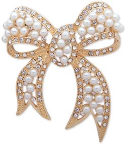 Gold-Tone Pave & Imitation Pearl Bow Pin, Created for Macy's