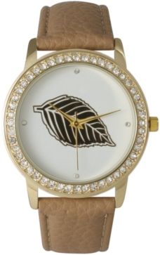 Rhinestone Bezel and Leaf Leather Strap Watch