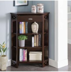 Chocolate Oak Mantel Height 3-Shelf Corner Bookcase with Drawer Storage