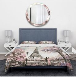 Designart 'Eiffel With Pink Flowers' Global Inspired Duvet Cover Set - Queen Bedding