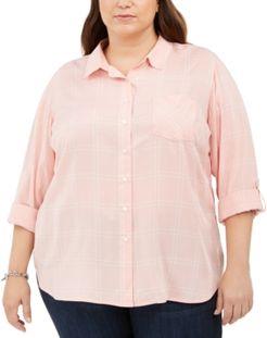 Plus Size Windowpane Roll-Sleeve Shirt