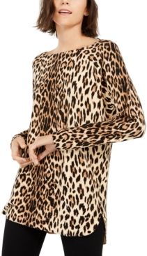Inc Petite Leopard-Print Shirttail-Hem Tunic Sweater, Created for Macy's