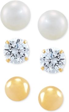 3-Pc. Set Cutured Freshwater Pearl (3-3/4mm), Cubic Zirconia & Polished Round Stud Earrings in 10k Gold
