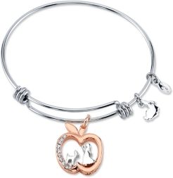 Snow White Crystal Apple Silver Plated Charm Adjustable Bangle Bracelet in Two-Tone Stainless Steel for Unwritten