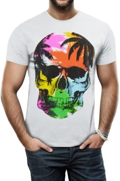 Colorful Tropical Skull Graphic Printed Rhinestone Studded T-Shirt