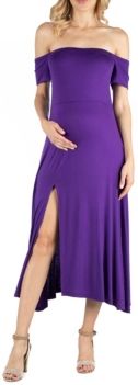 Off Shoulder Soft Flare Maternity Midi Dress with Side Slit