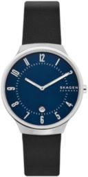Grenen Stainless Steel Black Leather Blue Dial Watch 38mm