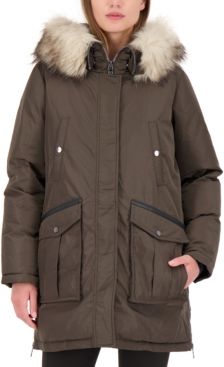 Petite High-Shine Faux-Fur-Trim Hooded Puffer Coat
