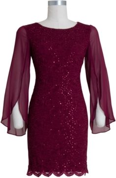 Flutter-Sleeve Sequined Lace Dress