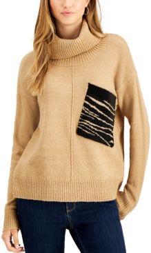Zebra-Pocket Turtleneck Sweater