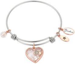 Grandma" Heart-Shaped Shaker with Flower Silver Plated Charm Adjustable Bangle Bracelet in Rose Gold Two-Tone Stainless Steel"