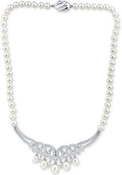 Cultured Freshwater Pearl (6-8-1/2mm) & Swarovski Zirconia 17" Statement Necklace in Sterling Silver