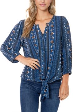 Crinkle Woven Printed Tie Front Top