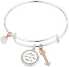 Crystal "Follow Your Heart" Coin and Arrow Adjustable Bangle Bracelet in Stainless Steel and Rose Gold Two-Tone Fine Silver Plated Charms