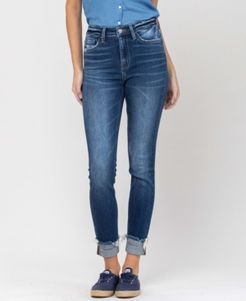 Mid Rise 3D Whiskers Released Fray Hem Skinny with Cuff Jeans