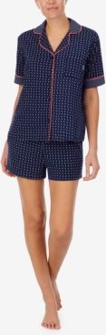 Sleepwear Printed Notched-Collar Top & Shorts Pajama Set