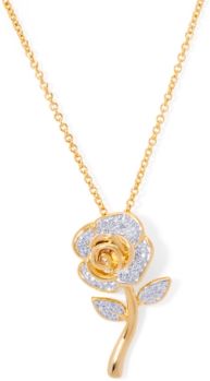 Diamond Accent Rose Flower Pendant 18" Necklace in Fine Gold Plate