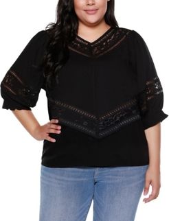 Black Label Plus Size 3/4 Blouson Sleeve V-neck Top