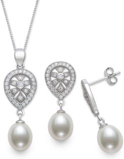 2-Pc. Set Cultured Freshwater Pearl (8mm) & Cubic Zirconia Teardrop Pendant Necklace & Matching Drop Earrings in Sterling Silver
