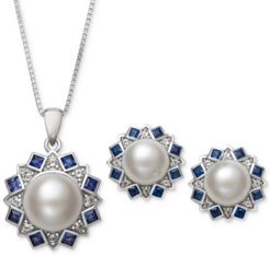 2-Pc. Set Cultured Freshwater Pearl (7,mm, 9mm) and Cubic Zironcia Pendant Necklace and Stud Earrings Set in Sterling Silver