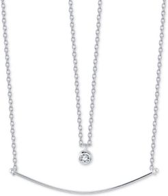 Cubic Zirconia Pendant & Curved Bar Layered Necklace in Sterling Silver, 16" + 2" extender