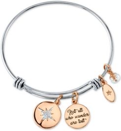 "Not All Who Wonder Are Lost" Crystal Star Bangle Bracelet in Stainless Steel and Rose Gold-Tone Stainless Steel Silver Plated Charms