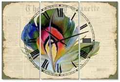Colorful Elegant Feather On Old Style Newspaper Ii Large Cottage 3 Panels Wall Clock - 23" x 23" x 1"