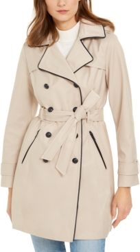 Hooded Faux-Leather-Trim Water-Resistant Double-Breasted Trench Coat