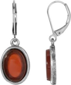 2028 Silver-Tone Semi Precious Carnelian Oval Flat Drop Earrings