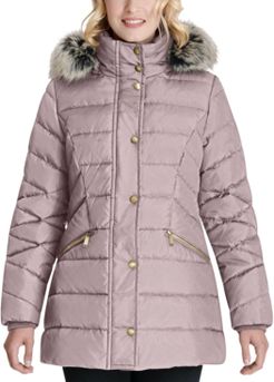 Petite Faux-Fur-Trim Hooded Down Puffer Coat