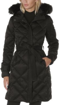 Belted Faux-Fur-Trim Hooded Puffer Coat