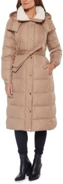 Belted Fleece-Lined Hooded Down Coat