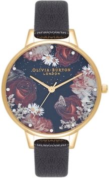 Winter Blooms Black Leather Strap Watch 30mm