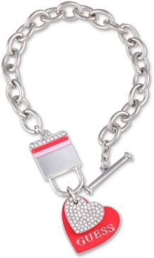 Silver-Tone Crystal Heart Charm Toggle Bracelet