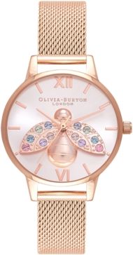 Rainbow Bee Rose Gold-Tone Stainless Steel Mesh Bracelet Watch 30mm