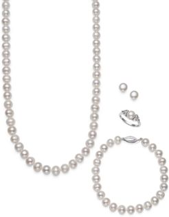 4-Pc. Set Cultured Freshwater Pearl (7-8mm) Necklace, Bracelet, Stud Earrings & Ring in Sterling Silver