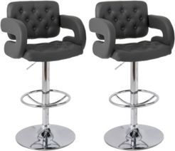 Adjustable Tufted Dark Bonded Leather Barstool with Armrests, Set of 2