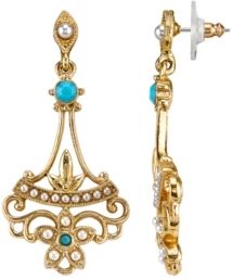 Gold-Tone Simulated Pearl and Imitation Turquoise Drop Earrings