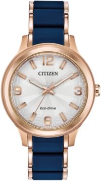 Drive From Citizen Eco-Drive Women's Rose Gold-Tone Stainless Steel & Blue Silicone Bracelet Watch 36mm