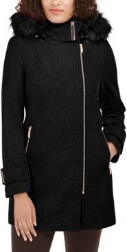 Faux-Fur-Trim Hooded Asymmetrical Coat