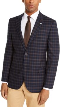 Modern-Fit Active Stretch Navy Blue/Brown Plaid Sport Coat