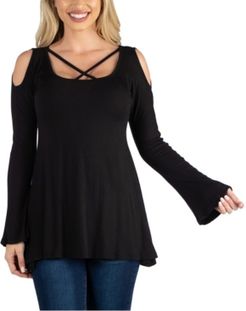 Long Sleeve Strappy Neck Flared Tunic Top